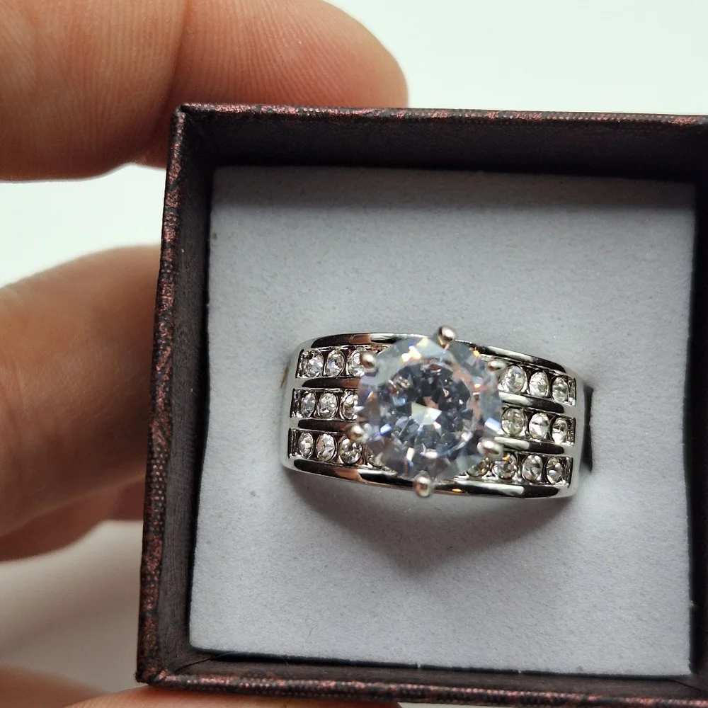 Swarovski Crystal Ring Size 7 | Round Diamond Look Statement Ring | Wide Band - Picture 12 of 16